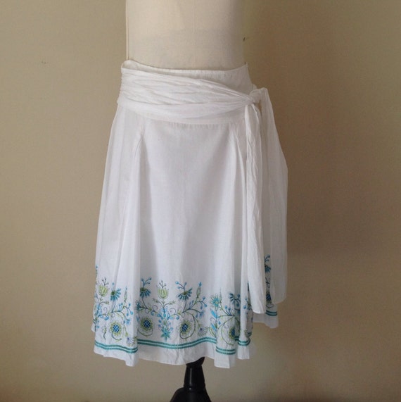 Vintage  White Cotton Summer Skirt,  Turquoise Fl… - image 4