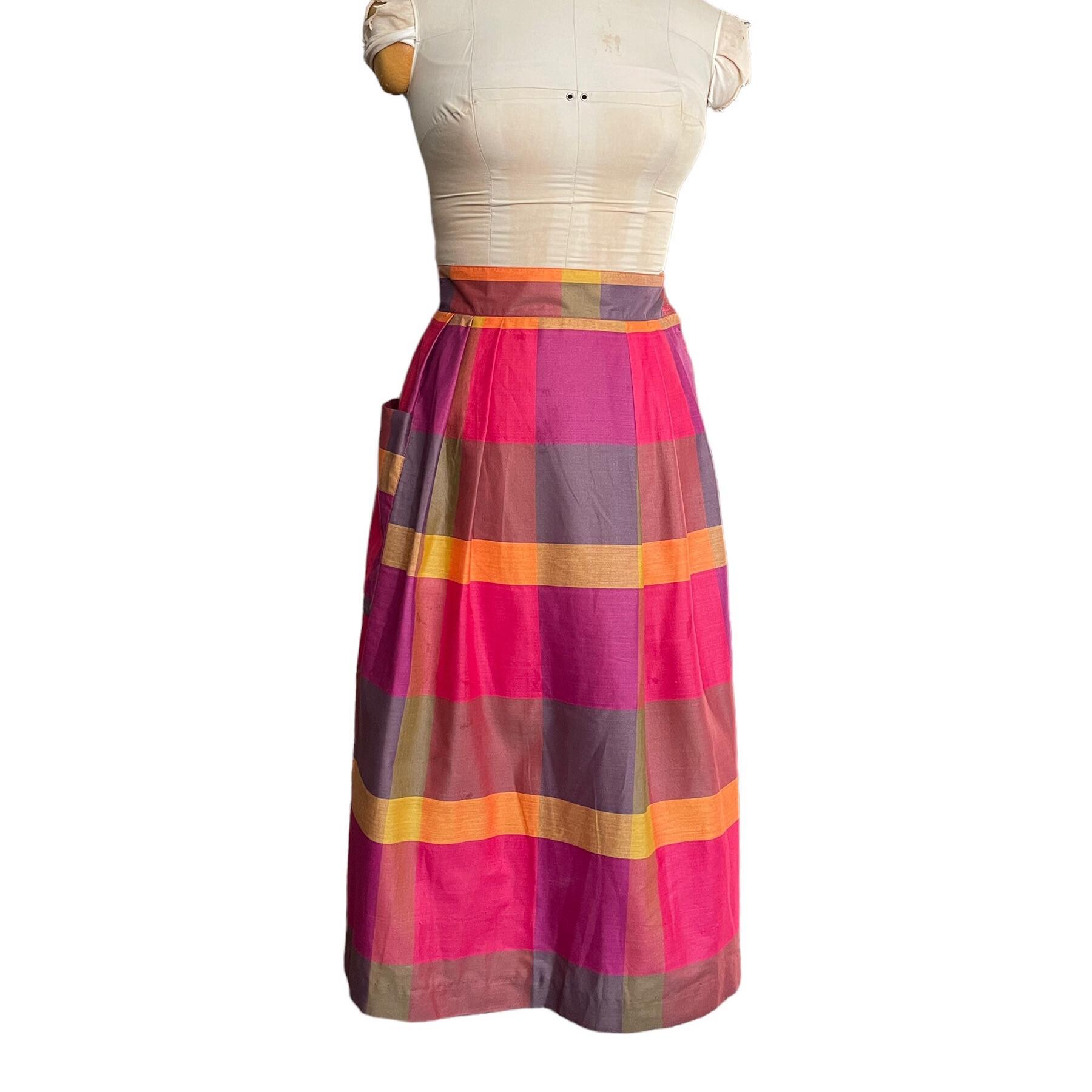 Vintage Madras Cotton Skirt: 1990s Eccobay Plaid Midi (26 Inch Waist)