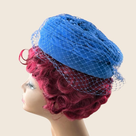 Vintage 1960s Pillbox Hat, Royal Blue Velvet, Netting