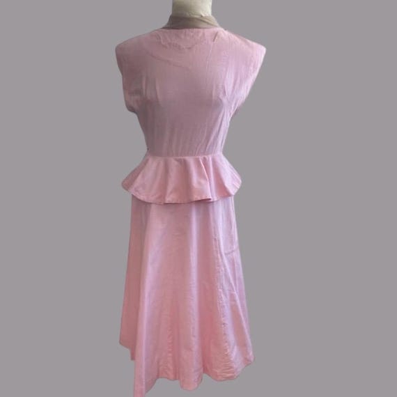 Vintage 1960s Pink Cotton Peplum Dress: Fit and Flare Circle Skirt