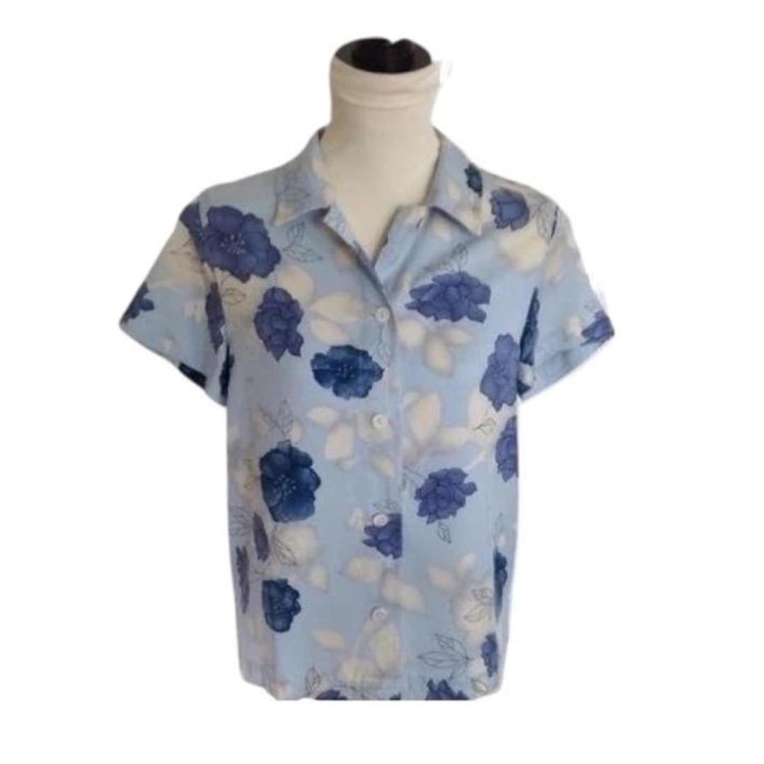 Vintage Floral Tencel Shirt: Valerie Stevens Blue Tropical Blouse