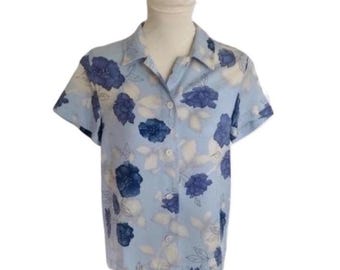 Camisa vintage de tencel con estampado floral: blusa tropical azul de Valerie Stevens
