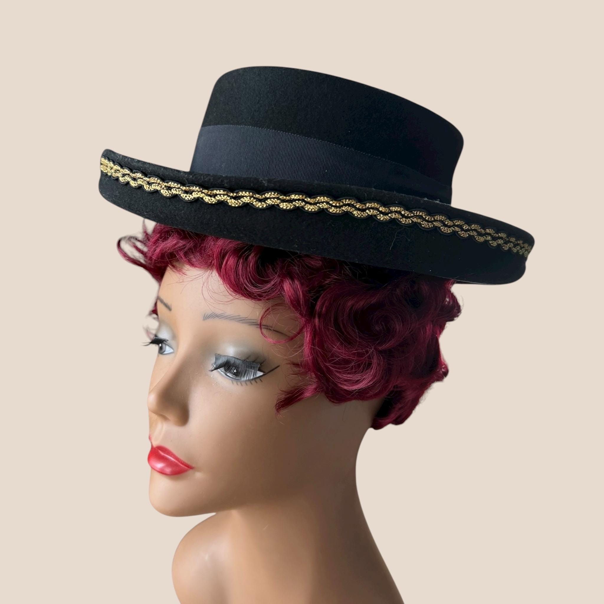 VTG Bollman Black Gaucho Felt Boater Hat with Braided Gold-Accent Band 100% wool Bollman Heritage Collection 1890s Boater – Hats.com main image 4