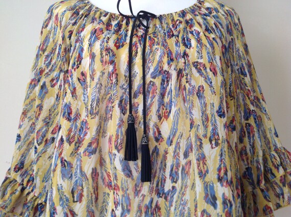 Vintage Chiffon Boho Blouse: Feather Print, Ruffl… - image 3