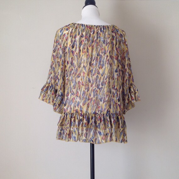 Vintage Chiffon Boho Blouse: Feather Print, Ruffl… - image 4