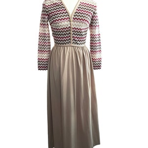Vintage 70s Shirtwaist Maxi Dress: Burgundy Tan Polyester Knit