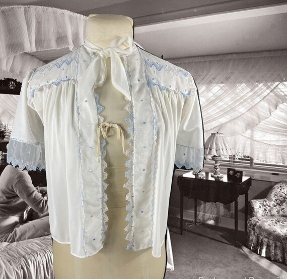 Vintage Lingerie White Bed Jacket Nylon with Blue Lace Trim | Etsy