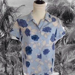 Vintage Floral Tencel Shirt: Valerie Stevens Blue Tropical Blouse