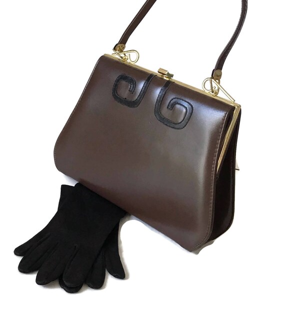 Vintage Handbag Brown Leather with Black Leather … - image 2