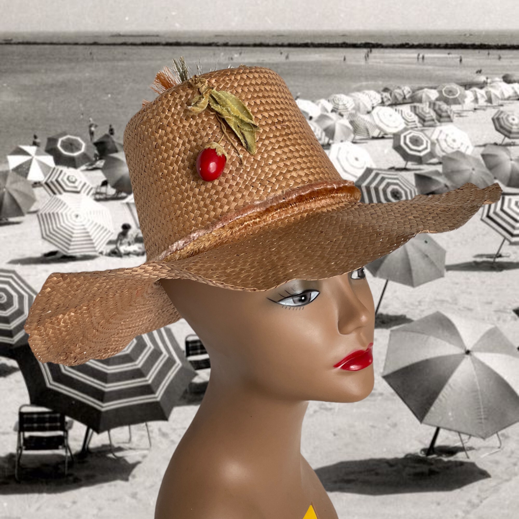 1950s Vintage Straw Hat Wide Brimmed 