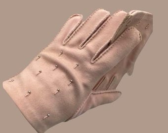 Vintage Pink Cotton Gloves: Beaded Hand-Sewn Dress Gloves