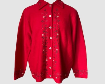 Vintage 1980s Embroidered Wool Cardigan: Red Floral Sweater Jacket (Size 1X)