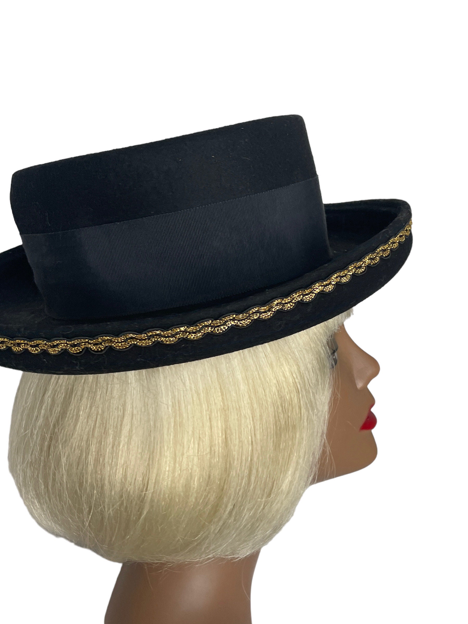 VTG Bollman Black Gaucho Felt Boater Hat with Braided Gold-Accent Band 100% wool Bollman Heritage Collection 1890s Boater – Hats.com main image 2