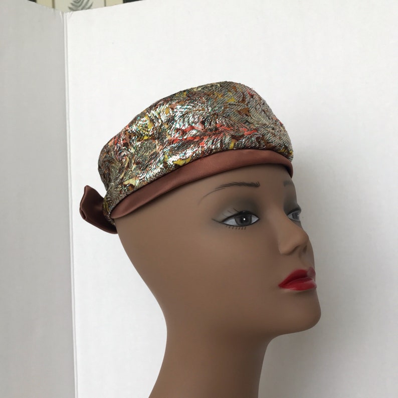 Vintage Metallic Brocade Pillbox Brown Satin Bow 1960s Hat Costume Hat Dressy Hat Formal Hat Union Made Label Brown Green Iridescent