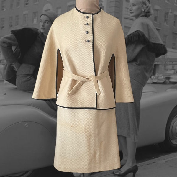 Vintage 1950s Two Piece Suit, White Wool Suit with a Cape and Straight Skirt, Navy Trim and Buttons, Flaws, Wounded Bird