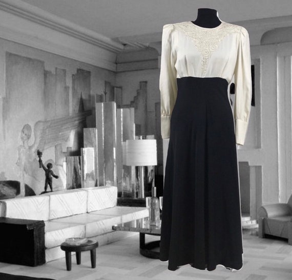 Vintage 80s Two Tone Long Dress, Beaded Bodice, B… - image 1