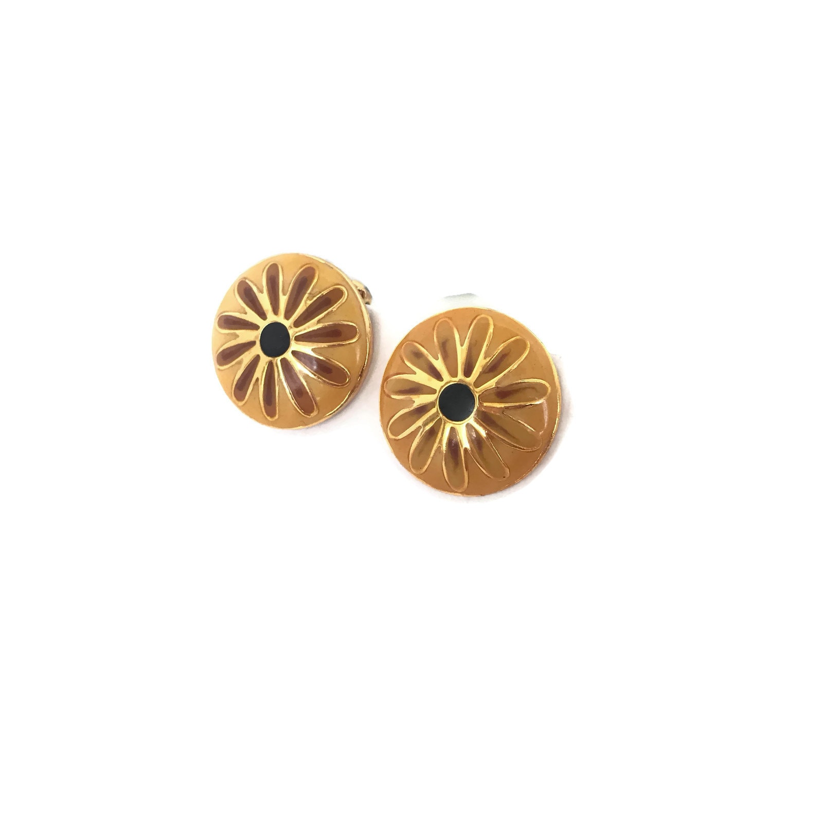 Boucles D'oreilles Clips Rétro Or Fleur émail Jaune Ocre - Modèle A20, Occasion