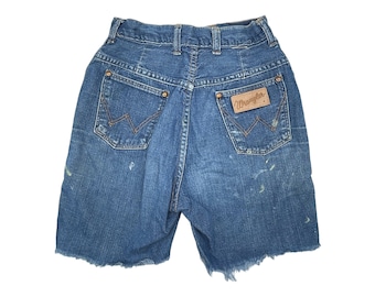 Vintage 70s Wrangler Denim Jean Shorts: Fringed Hem, Distressed Blue Jeans (24 Inch Waist)