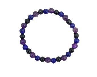 Lapis Lazuli, Amethyst & Black Tourmaline Stretch Bead Bracelet