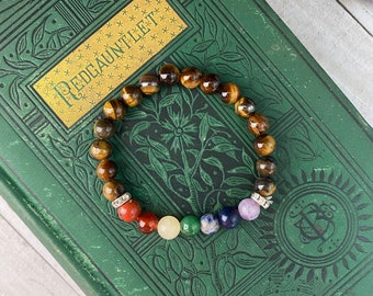 Gold Tiger's Eye Bracelet with 7 Chakra Stones | Tiger's Eye Chakra Bracelet | Chakra Cleansing + Aligning; Protection + Good Luck