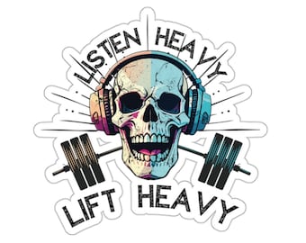 Listen Heavy Lift Heavy Skull Workout Sticker Workout Headphones Power Lifting Gym Weightlifting Sticker Gift for Metal Head or Gym Rats