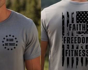 American Flag Faith Freedom Fitness Shirt Gym T-Shirt for Workout Shirt Christian Shirt Patriotic TShirt Religious Gift for Men Women Shirt