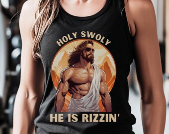 Holy Swoly He is Rizzin' Womens Workout Tank Gym Tank Top Gift Jesus Racerback Tank Buff Jesus Lifting Muscle Shirt Fitness Apparel