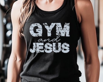 Gym and Jesus Womens Racerback Tank Jesus Gym Tank Top Christian Workout Shirt Lifting Muscle Shirt Fitness Apparel Personal Trainer Gift
