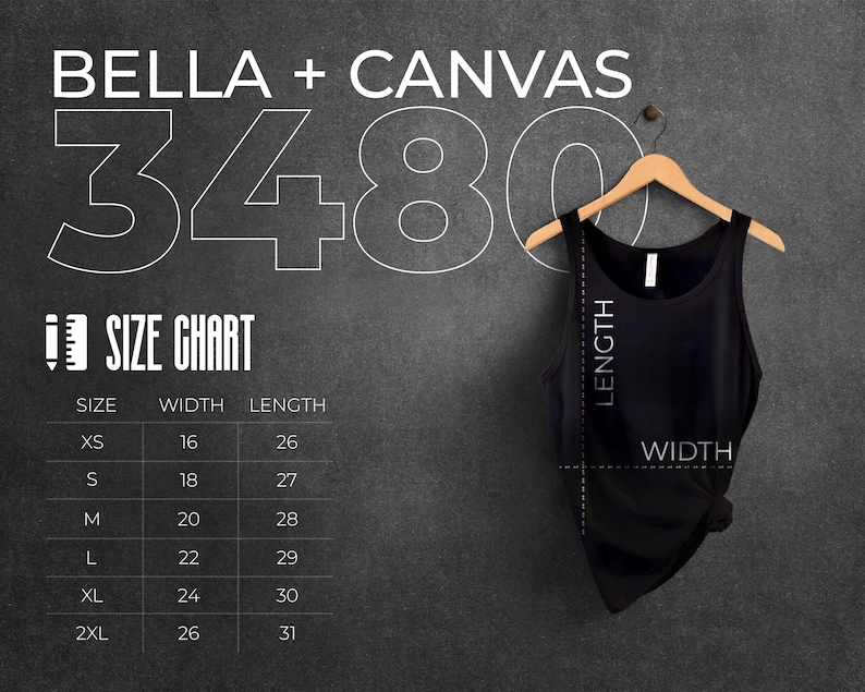 Puede incluir: Un top negro de tirantes con las palabras "LONGITUD" y "ANCHO" escritas en &eacute;l. Se muestra una tabla de tallas con medidas en pulgadas para XS, S, M, L, XL y 2XL.