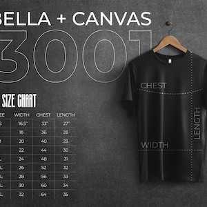Op de afbeelding: Een maattabel voor Bella + Canvas 3001 T-shirts, met de maten in inches voor borst, breedte en lengte voor maten XS tot 5XL.
