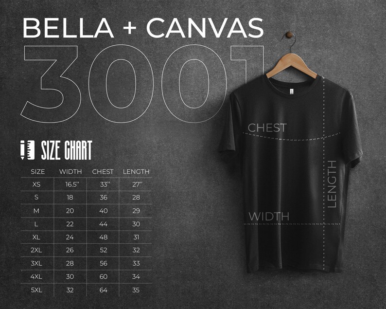 Op de afbeelding: Een maattabel voor Bella + Canvas 3001 T-shirts, met de maten in inches voor borst, breedte en lengte voor maten XS tot 5XL.