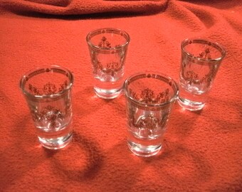 4 Vintage Mid Century Sturdy Single Shot Glasses Elegant Gold Details Heavy Bases