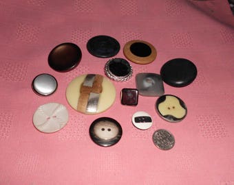 13 Vintage Buttons Interesting Designs 1/2" to 1 and 3/4" Metal Wood Plastic Velvet Center More