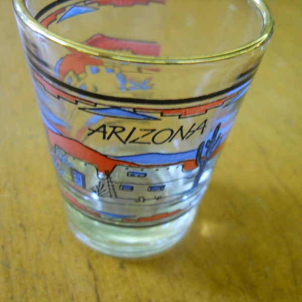 Vintage Souvenir Shot Glass Shotglass Arizona Colorful Graphics Cactus Pueblo