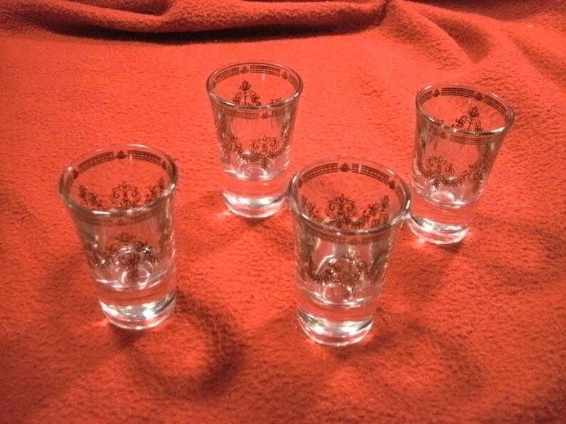 4 Vintage Mid Century Sturdy Single Shot Glasses Elegant Gold Details Heavy Bases