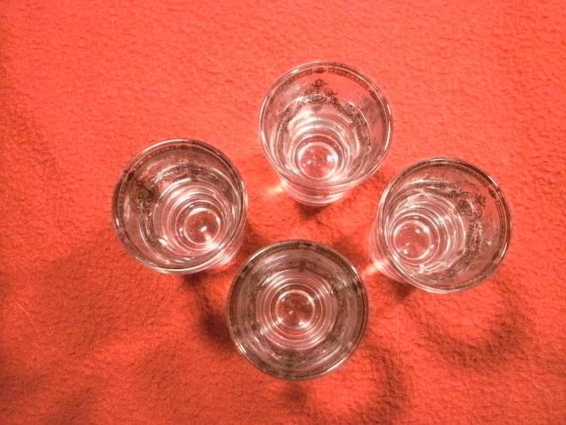 4 Vintage Mid Century Sturdy Single Shot Glasses Elegant Gold Details Heavy Bases
