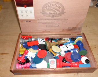 One Pound Four Ounces Asst Game Pieces Many Vtg in Wooden Patron Cigar Box Mahjong Poker Chips Dice Dominoes Discs Checkers Chess Bingo MORE
