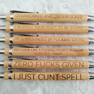 Bamboo pens, laser engraved. Rude, adult, joke.