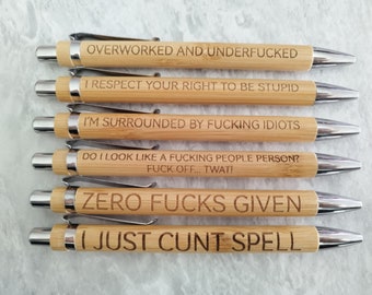 Bamboo pens, laser engraved. Rude, adult, joke.