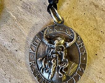 Norse pendant with Viking Warrior and Runes with leather cord.