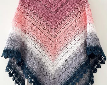 Gradient Crochet Shawl Wrap, Pink White Grey Ombre Cotton Acrylic Scarf