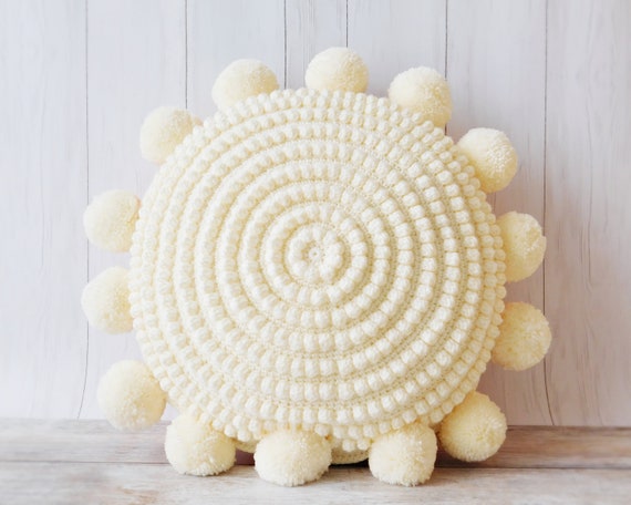 Boho Crochet Pillow Circle Crochet Pillow Round Bobble Pillow
