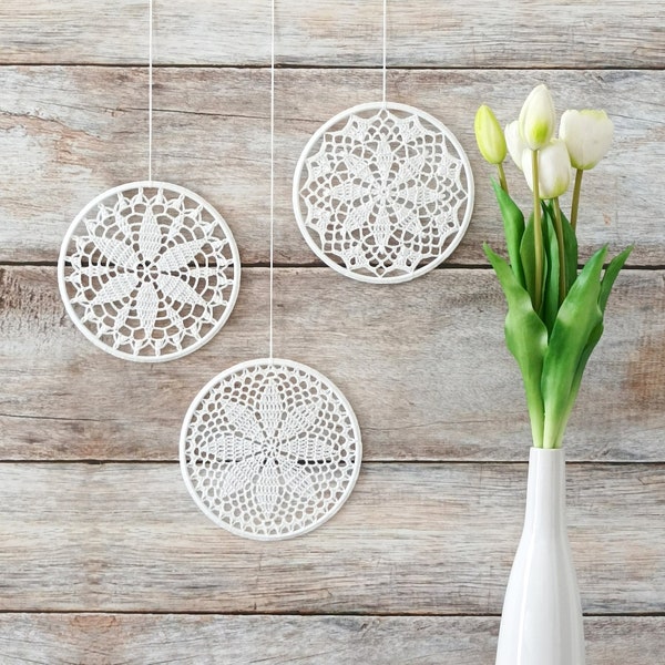 Crochet lace wall hanging, 3 piece set vintage style window hanging, crochet doily wall decor, cottage chic suncatcher wall decoration 15 cm