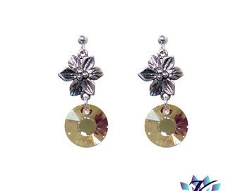 925 Silver Flower Earrings Austrian Crystal Sun Disc - Golden Shadow