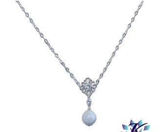 Collier Argent 925 Zirconium Pierre Gemme : Perle Labradorite Blanche 16mm