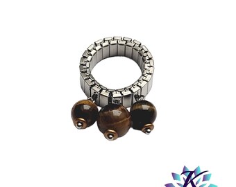 Bague Acier Ajustable Perles Pierres Gemmes : Oeil de Tigre