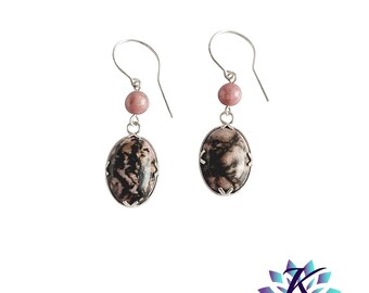 925 Sterling Silver Pearl Gemstone Earrings: Rhodonite