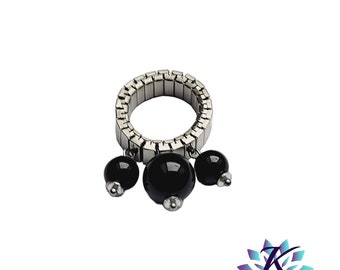 Adjustable Steel Ring Beads Gemstones: Black Onyx