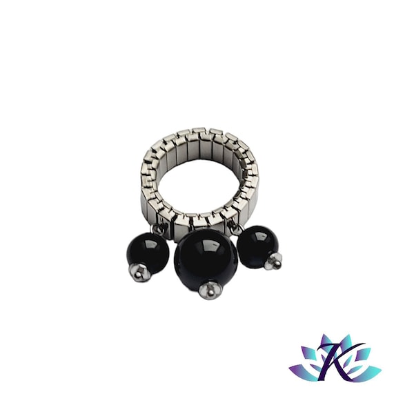 Bague Acier Ajustable Perles Pierres Gemmes : Onyx Noir