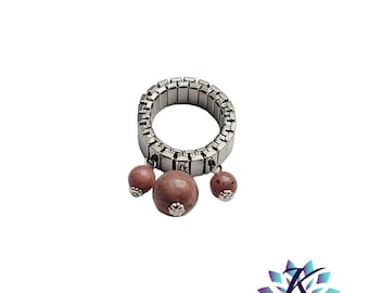 Bague Acier Ajustable Perles Pierres Gemmes : Rhodonite